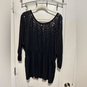 Grace Elements 3/4 ruched Sleeve sequin blouse Tunic top women's L black classic
